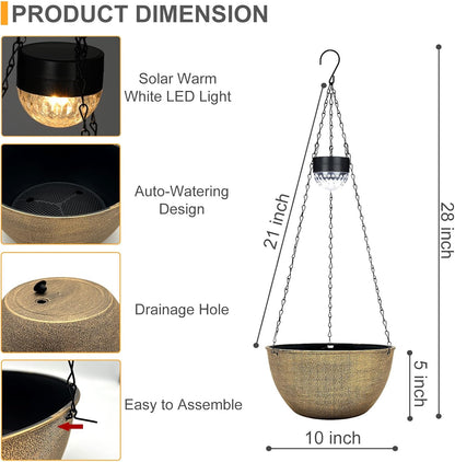 2 Packs Hanging Planters Basket for Outdoor Plants, Solar Powered Self Watering Copper Round