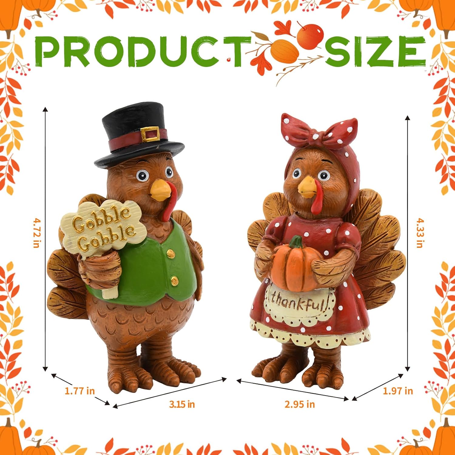 Thanksgiving Turkey Decor - 2Packs Resin Turkey Couple Standing Figurines Thanksgiving Decorations