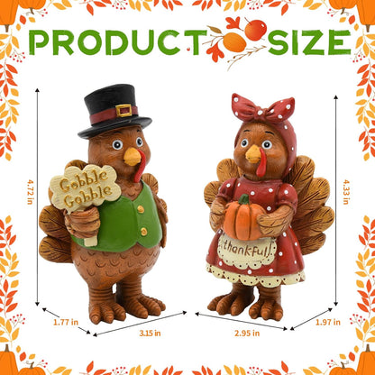 Thanksgiving Turkey Decor - 2Packs Resin Turkey Couple Standing Figurines Thanksgiving Decorations