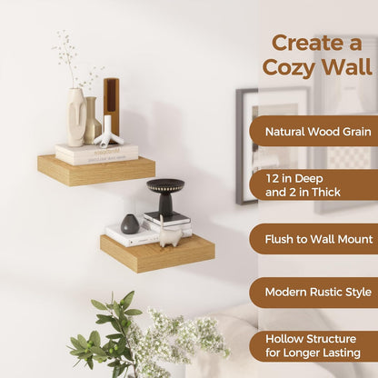 Fun Memories 12 Inch Floating Shelf, Rustic Wood Wall Shelves for Wall Decor & Storage, 12 x 12