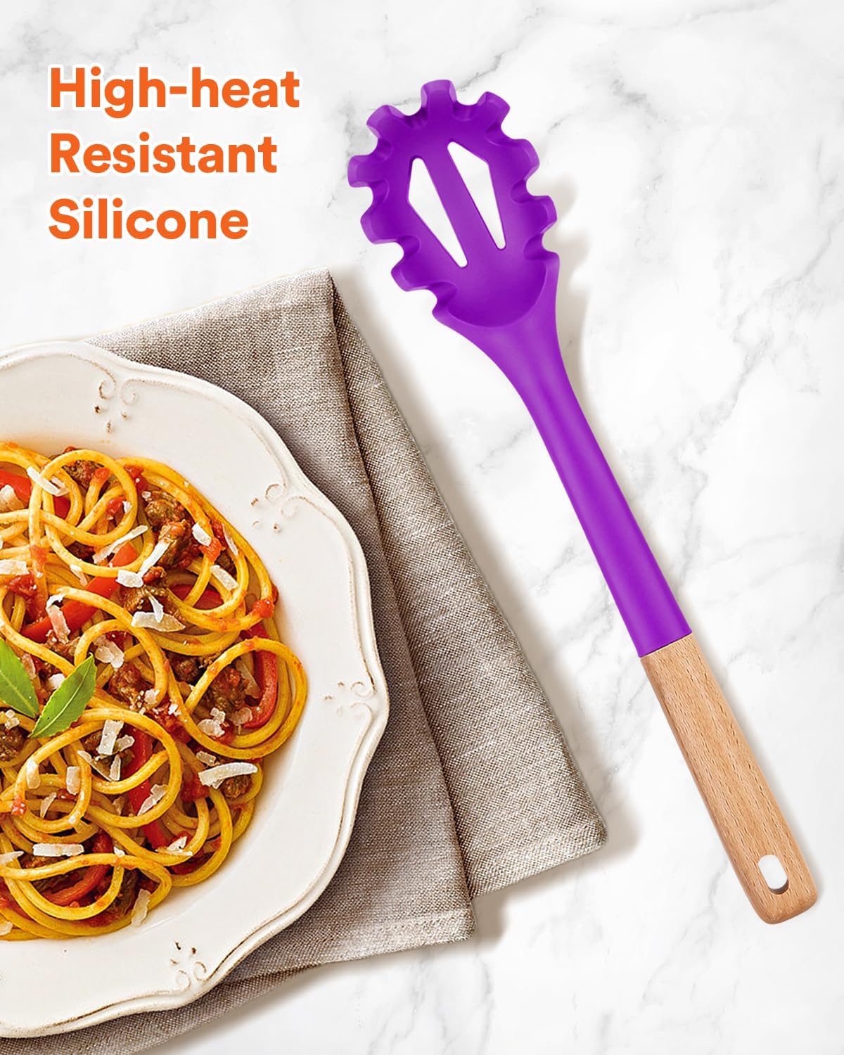 Silicone Pasta Fork, Kitchen Heat Resistant Noodle Spoon Server, BPA Free Spaghetti Strainer,12.8