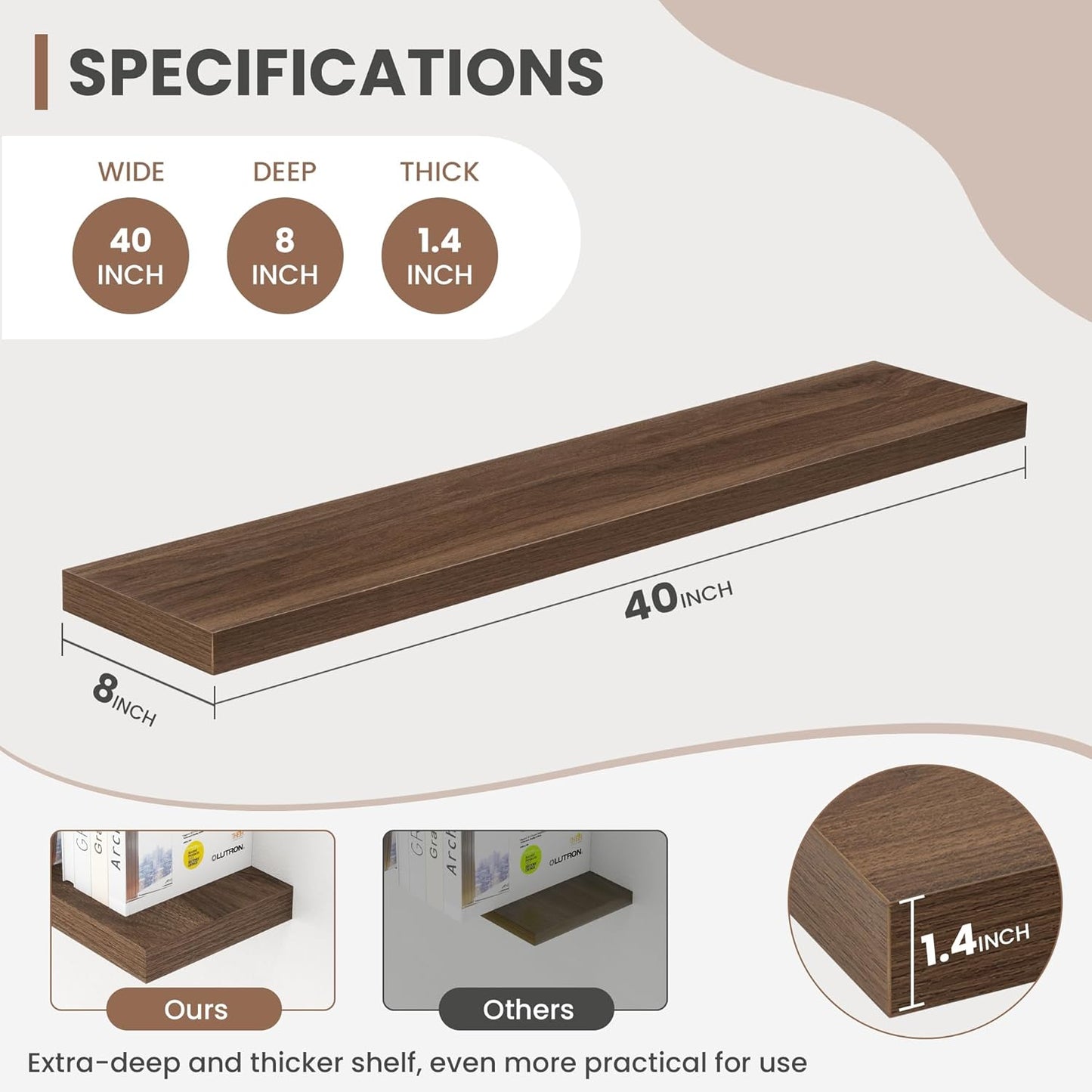 40 Inch Floating Shelves, 8 Inch Deep Floating Shelves for Wall, Hanging Shelf with Invisible