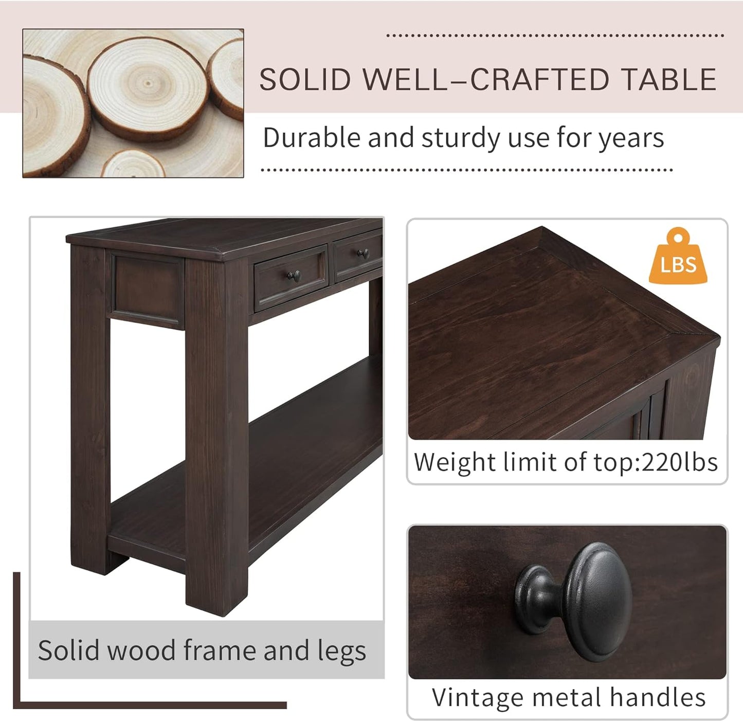63" Solid Wood Console Table Sofa Table with Storage Drawers and Bottom Shelf,Farmhouse Entryway