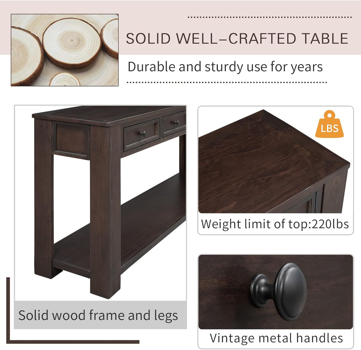 63" Solid Wood Console Table Sofa Table with Storage Drawers and Bottom Shelf,Farmhouse Entryway