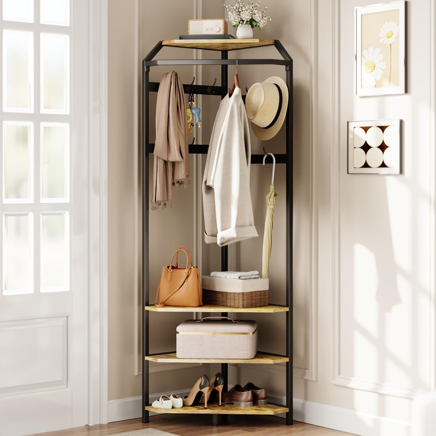 IDEALHOUSE Corner Coat Rack With Shoe Bench and 6 Double Hooks, Corner Hall Tree - Clothes Rack