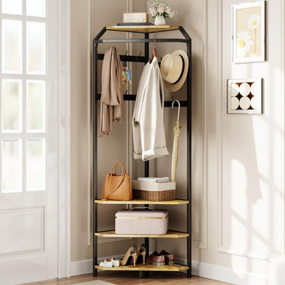 IDEALHOUSE Corner Coat Rack With Shoe Bench and 6 Double Hooks, Corner Hall Tree - Clothes Rack