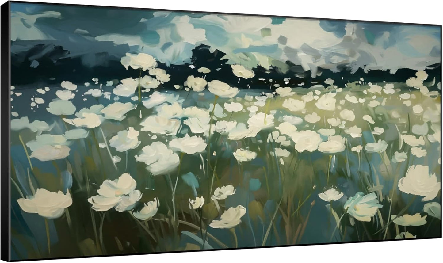 SIGNWIN 30"x60" Extra Large Framed Wall Art White Wildflower Field in Impressionist Style, Soft