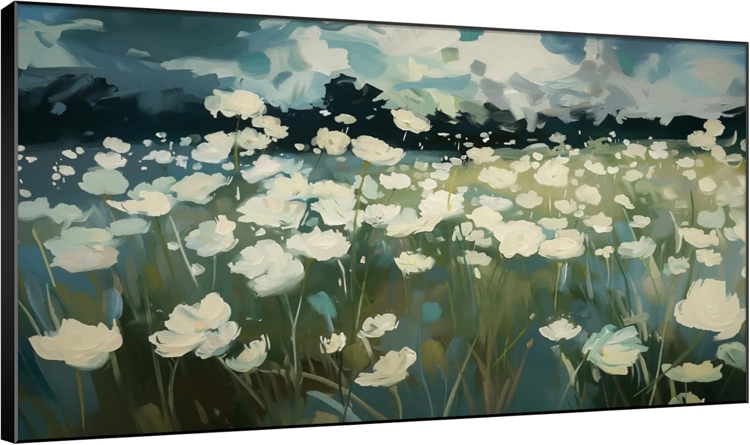 SIGNWIN 30"x60" Extra Large Framed Wall Art White Wildflower Field in Impressionist Style, Soft