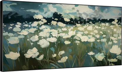 SIGNWIN 30"x60" Extra Large Framed Wall Art White Wildflower Field in Impressionist Style, Soft