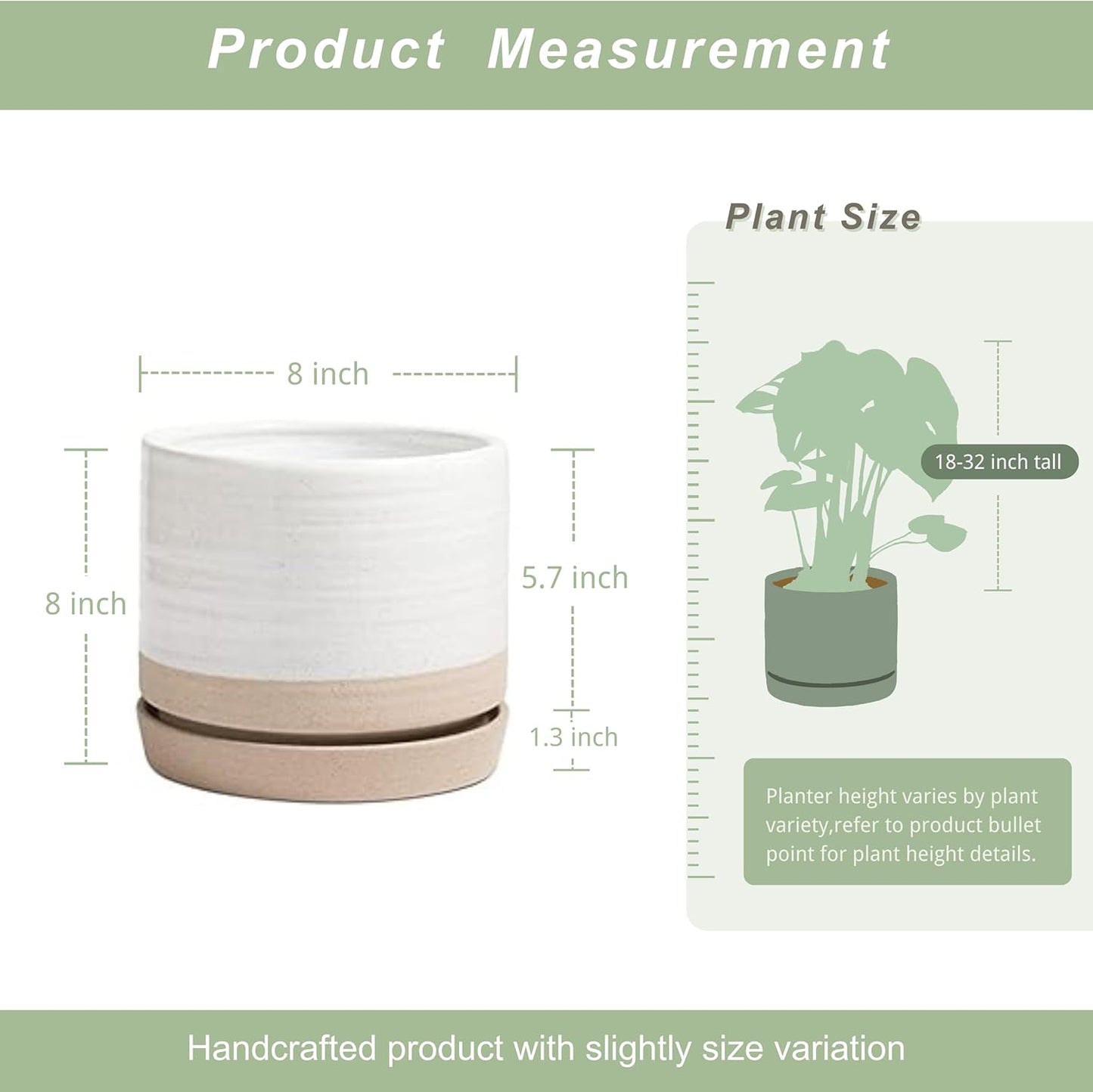 8 Inch Pots for Plants, Ceramic Planter Pot with Drainage Hole & Saucer, Indoor or Outdoor Cylinder