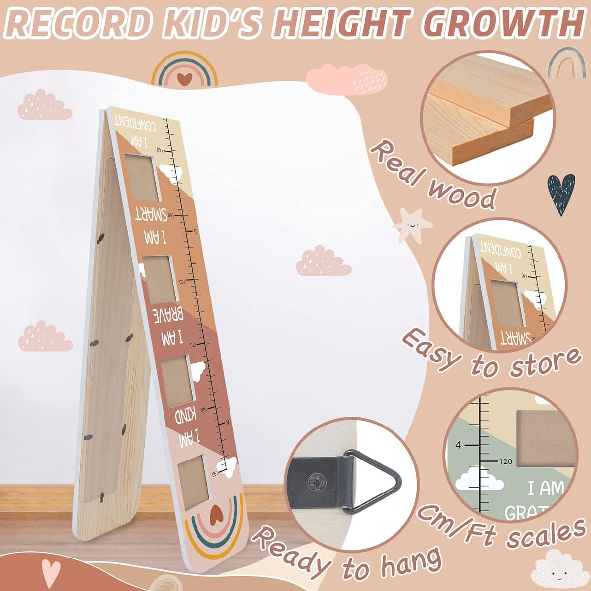 Solid Wood Inspirational Growth Chart for Kids with Photo Windows, Motivational Height Chart for