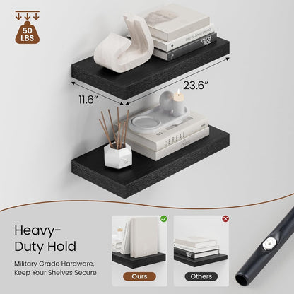 Heimlove 12" Deep Black Floating Shelves for Wall, 24 Inch Wall Shelf Bathroom Shelves Set of 2