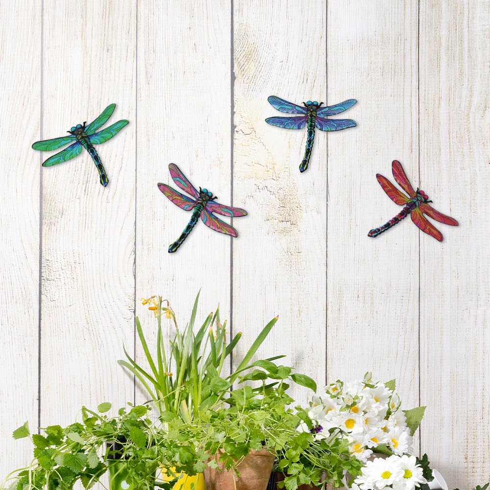 Metal Dragonfly Wall Decor Art, 4 Pack Colorful Metal Dragonflies Outdoor Wall Art, Hand Painted