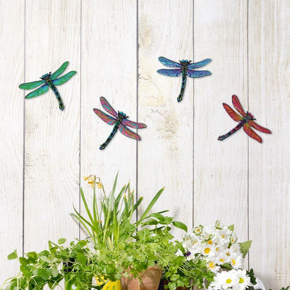 Metal Dragonfly Wall Decor Art, 4 Pack Colorful Metal Dragonflies Outdoor Wall Art, Hand Painted
