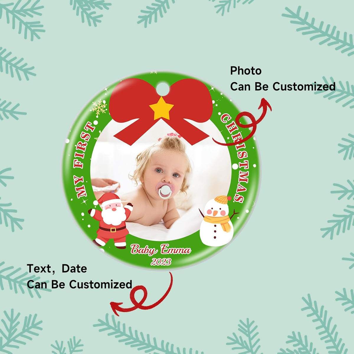 Personalized Baby's First Christmas Ornament 2025, Ceramic Custom Photo Text Christmas Ornament