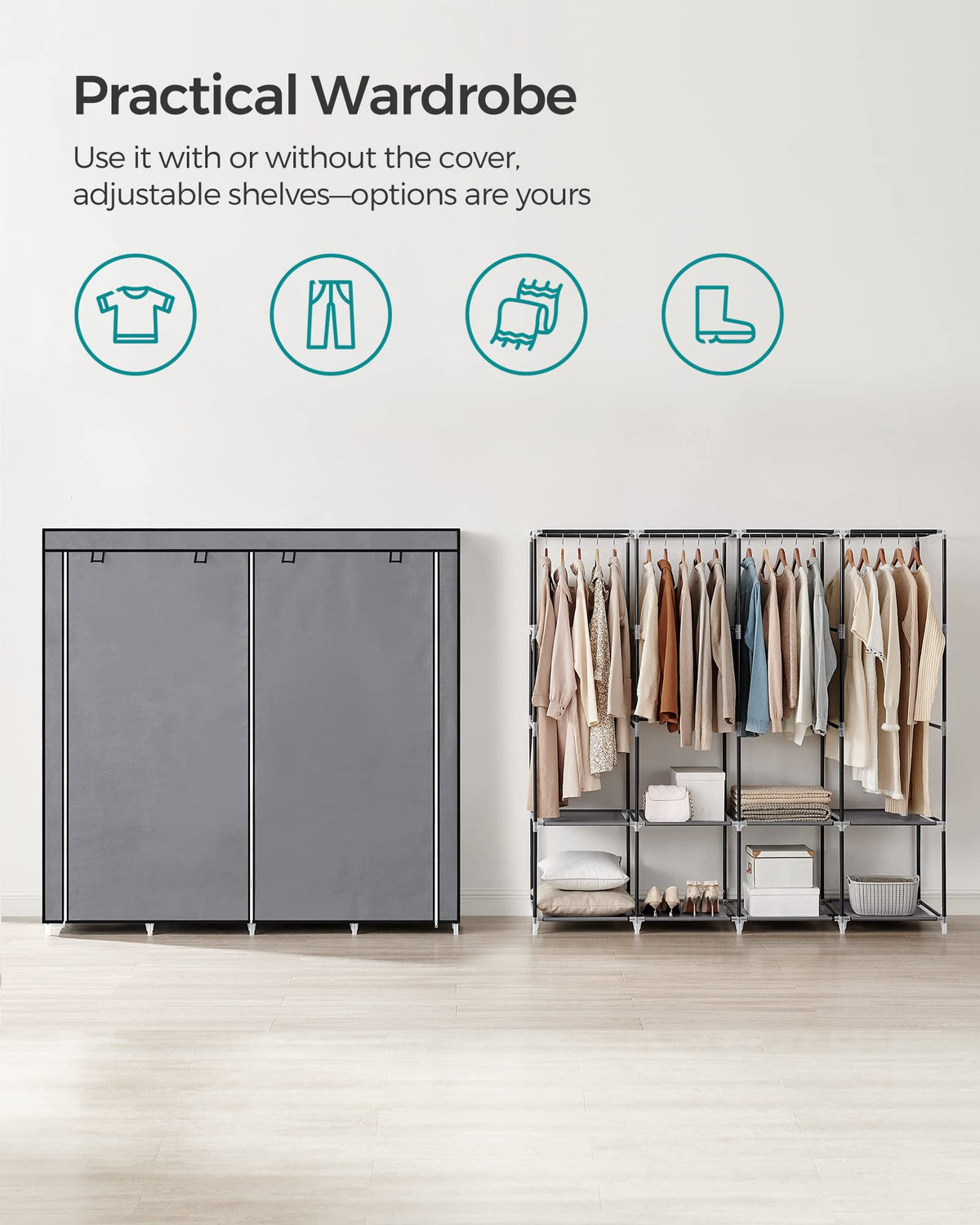 SONGMICS Portable Closet with Cover, 4 Hanging Rods and Shelves