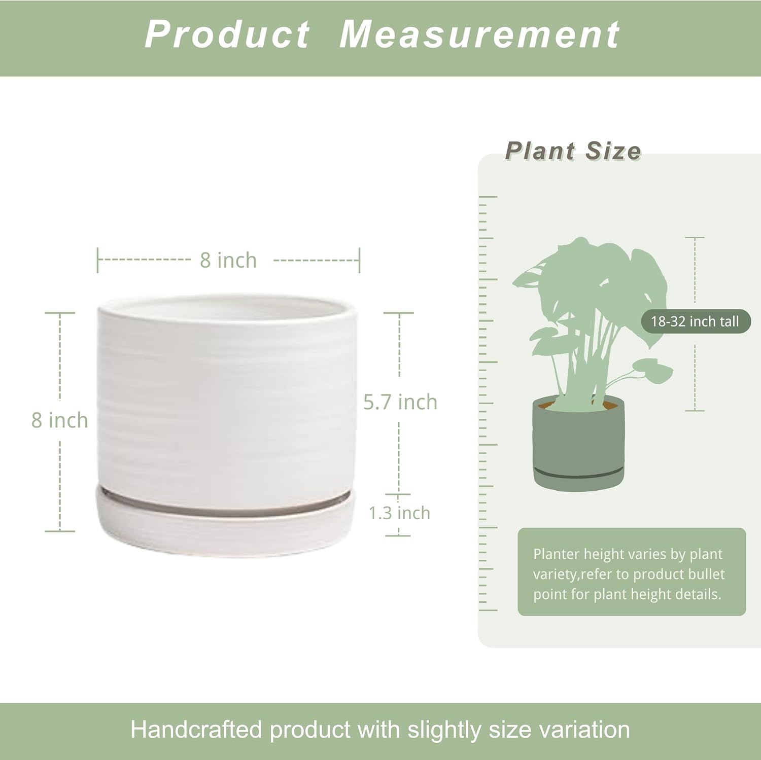 8 Inch Pots for Plants, Ceramic Planter Pot with Drainage Hole & Saucer, Indoor/Outdoor Cylinder