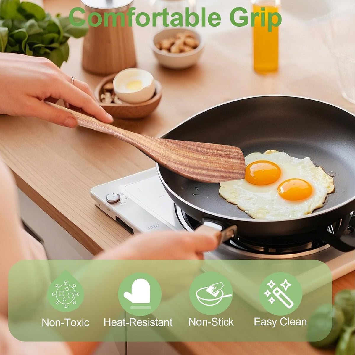 2 Pack Wooden Spatula, Acacia Wood Long Handle Flat Frying Turner, Handmade wooden spoons for