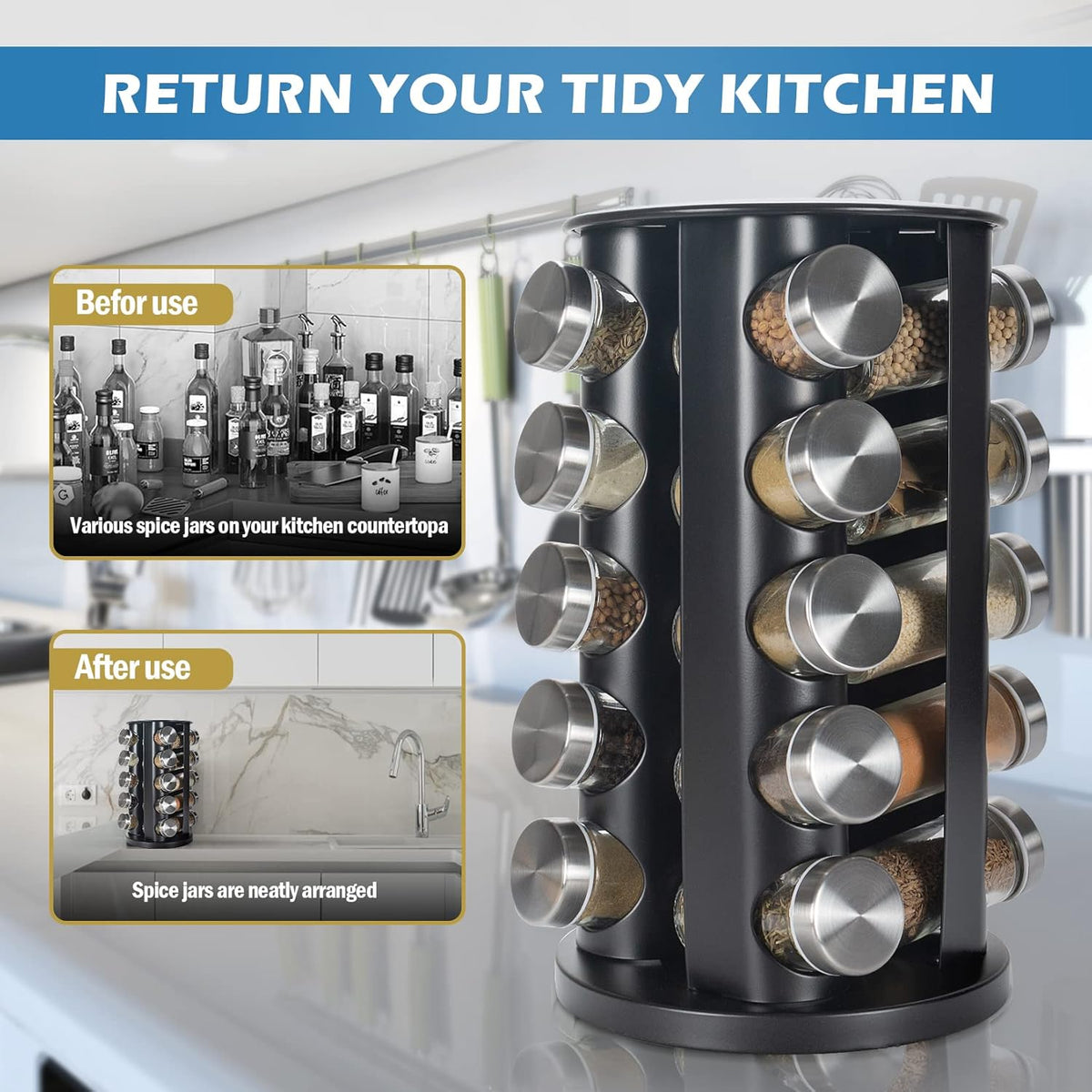 Black Countertop Revolving Spice Rack, Empty 20-Jars Rotating Spice Rack Organizer, Round Carousel