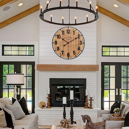 Large Old Town Farmhouse Wall Clock 24 Inch Rustic Antique Wood with Metal Circle and Large