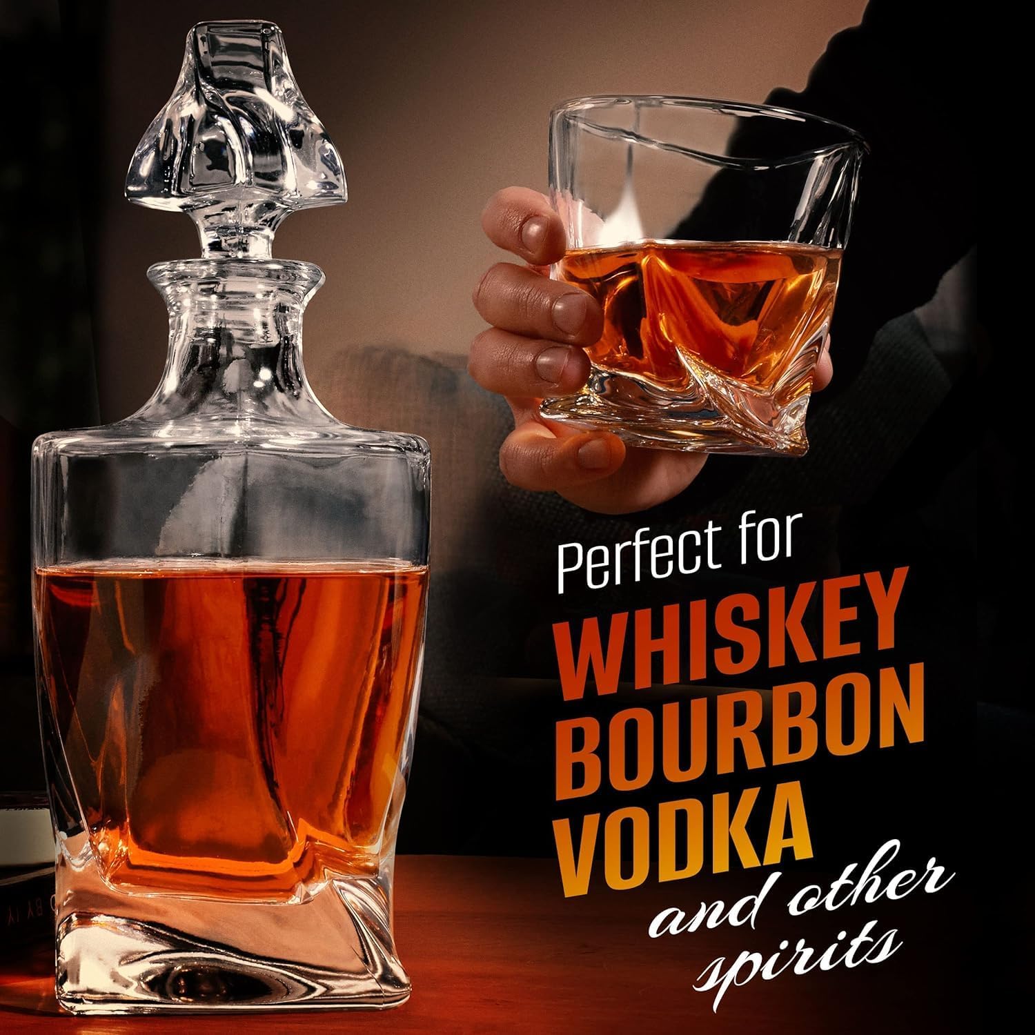 Whiskey Decanter Set for Men with 4 Drinking Glasses for Cognac, Bourbon, Rum, Scotch, Liquor