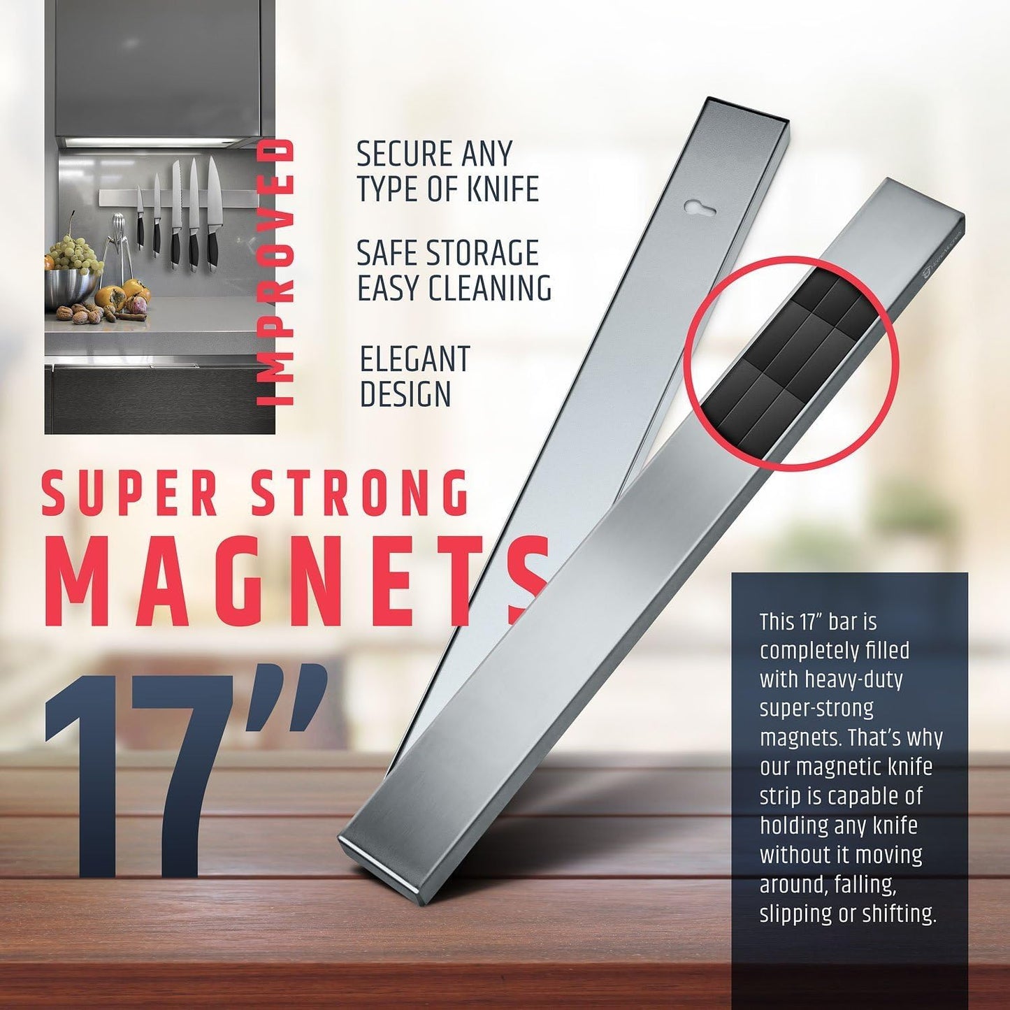 HMmagnets Premium 17 Inch Stainless Steel Magnetic Knife Holder For Wall - Professional Magnetic