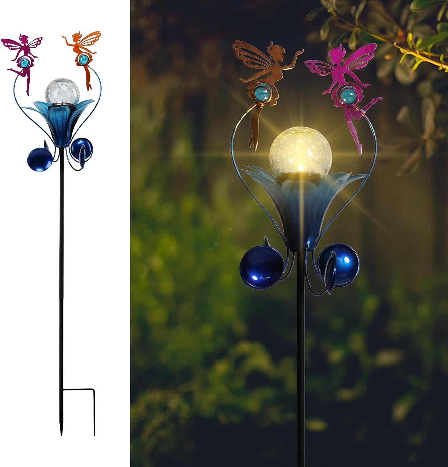 VCUTEKA Solar Lights Outdoor Metal Garden Stake Waterproof Crackle Glass Globe Garden Decor Fairy