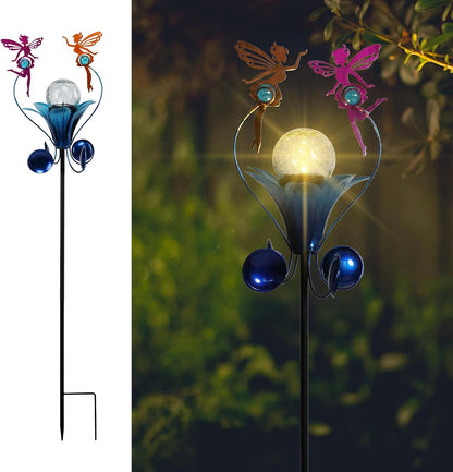 VCUTEKA Solar Lights Outdoor Metal Garden Stake Waterproof Crackle Glass Globe Garden Decor Fairy