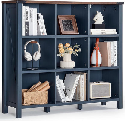 9 Cube Bookcase, Farmhouse 47 Inch Wide Navy Blue Bookshelf, Wooden 3 Tier Display Large Open Book