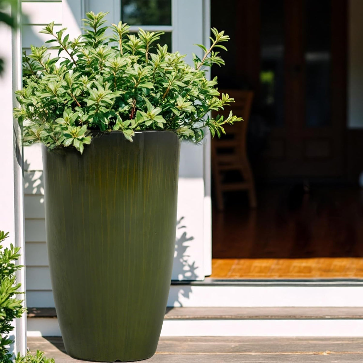 Worth Garden 23.5" H. Large Plastic Planters - Set of 2 Gradient Green Glossy Smooth Finish - Tall