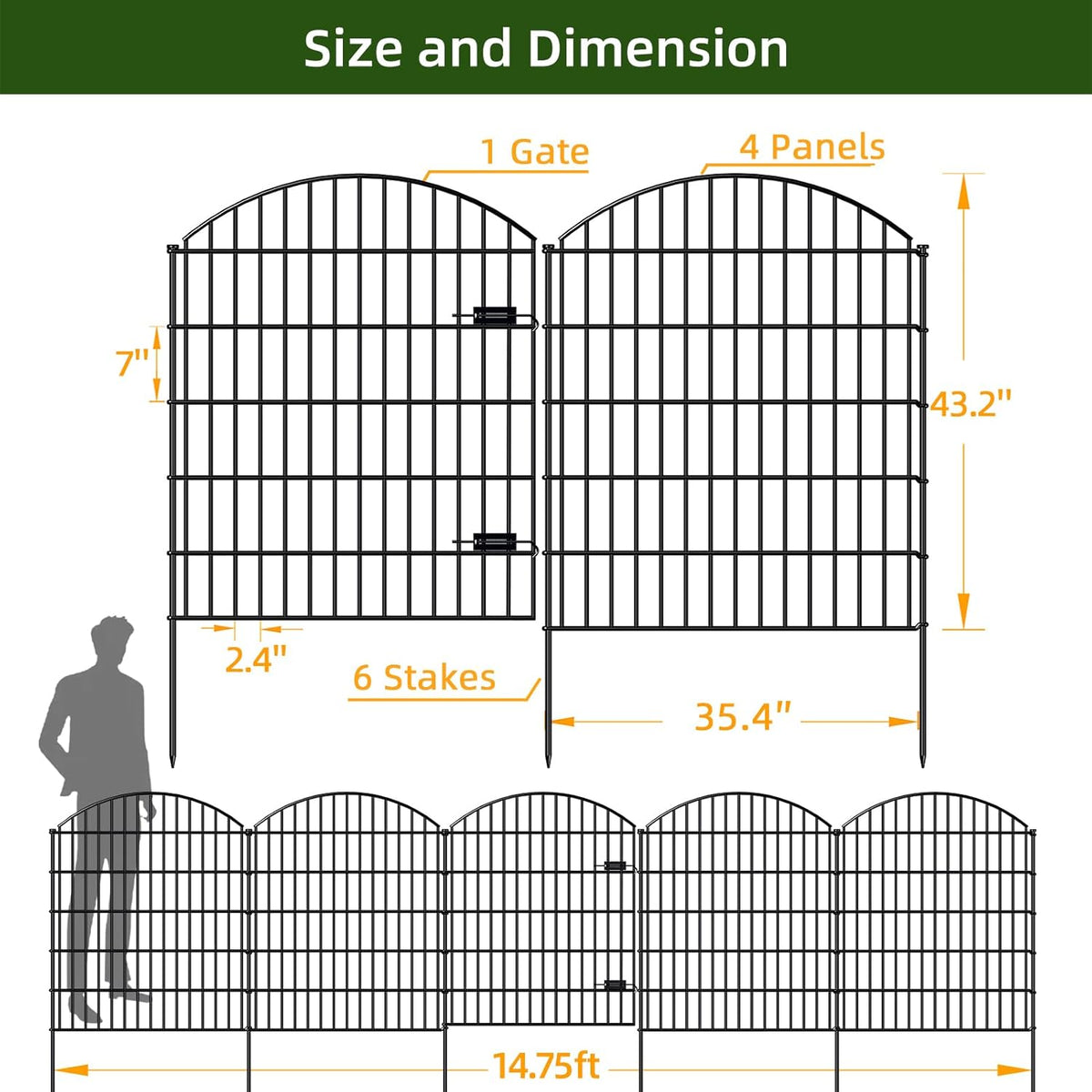 Metal Garden Gate and Fences Outdoor ECG1191, 1 Gate + 4 Fence Panels,43.2in Tall and Total Length