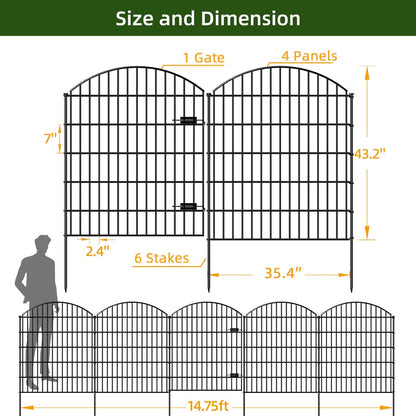 Metal Garden Gate and Fences Outdoor ECG1191, 1 Gate + 4 Fence Panels,43.2in Tall and Total Length