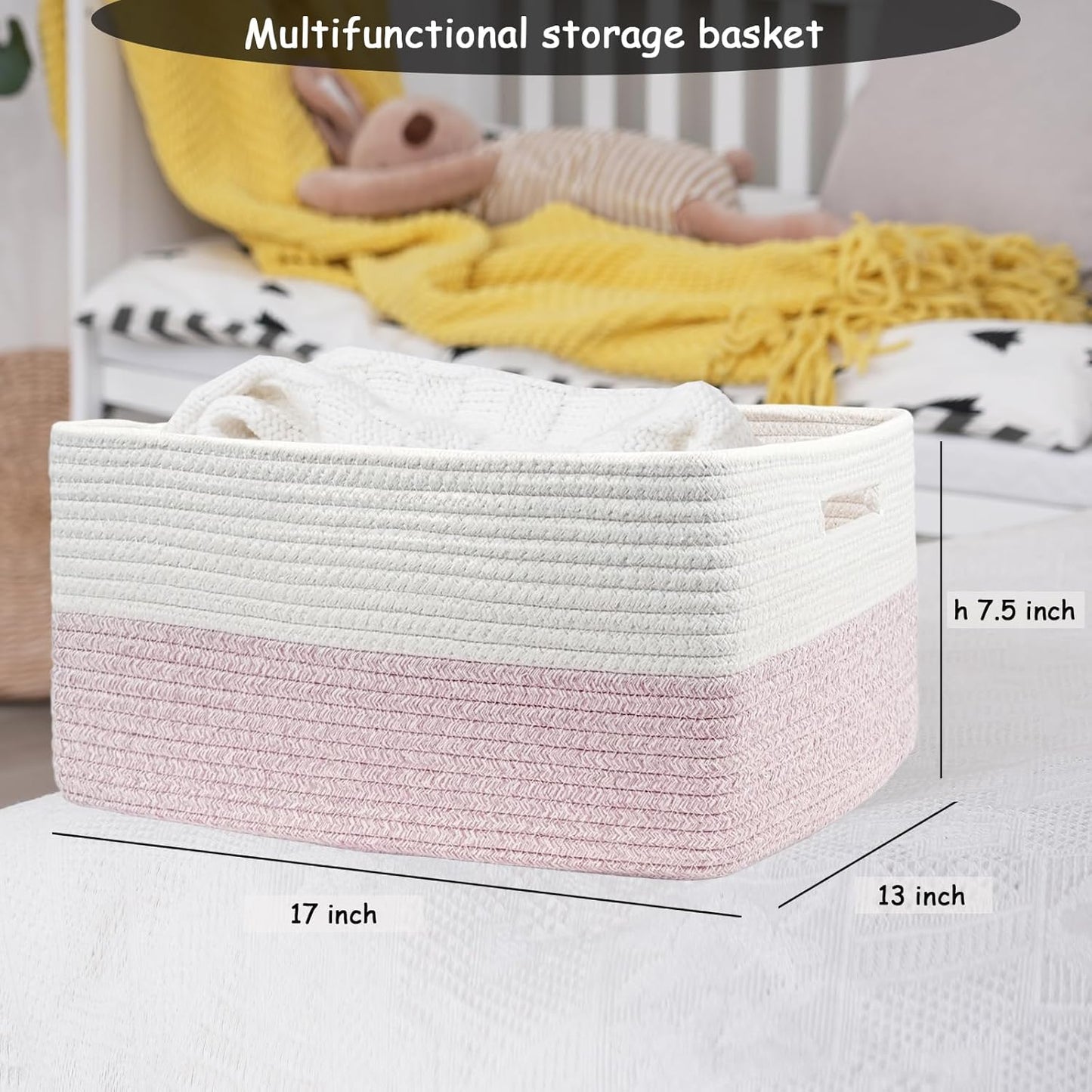 COMFY-HOMI Cotton Rope Woven Basket with Handles for Shelves,Toys,Book, Cloth Storage Baskets for