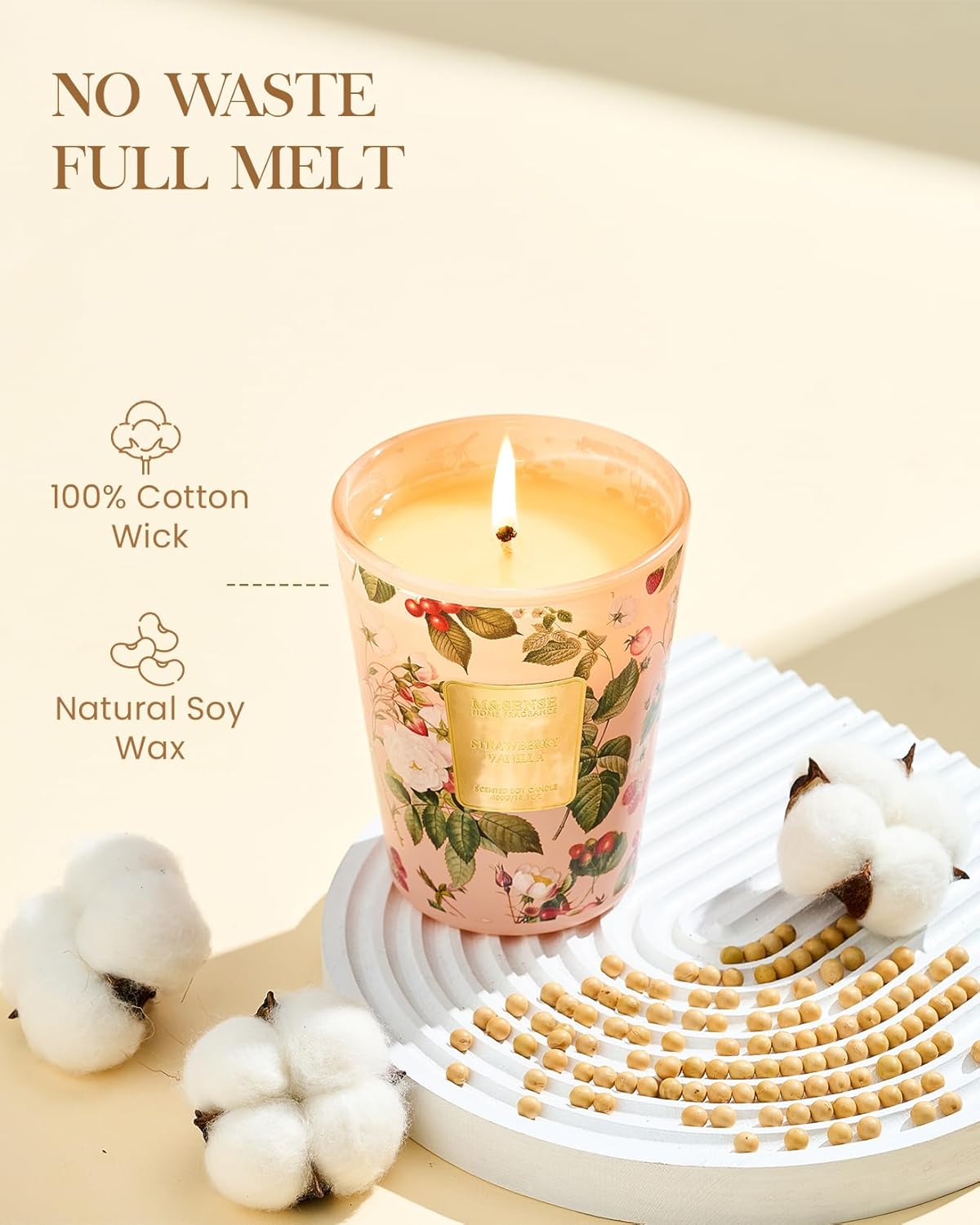 M&SENSE Strawberry Vanilla Scented Natural Soy Wax Candle, 14.1oz 60 Hours Long Lasting Slow