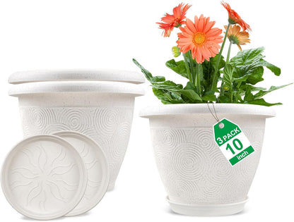 Plastic Flower Pots Planters for Indoor Plants, 3 Pack 10 Inch White Plant Pots with Drainage Hole