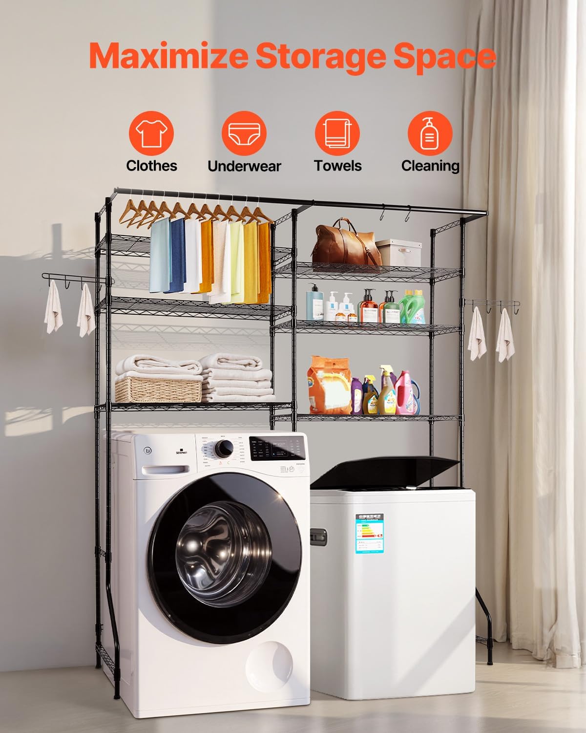 VEVOR Over The Washer and Dryer Storage Shelf, 6 Tier Laundry Room Drying Rack with Hanger Rod and