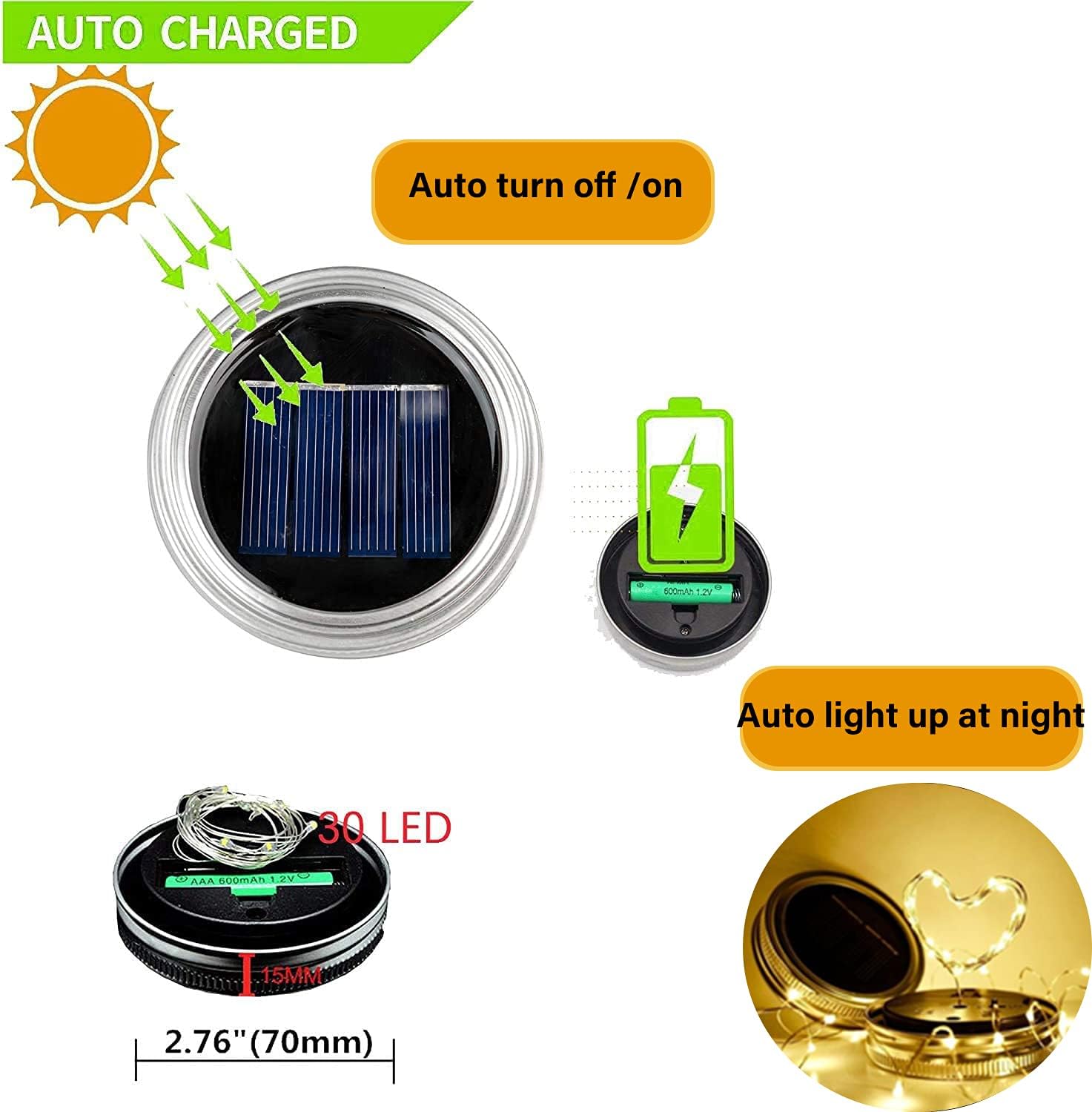 12 Pack Solar Mason Jar Lid Lights - 30 LED Firefly Fairy String Lights, Waterproof Outdoor Solar