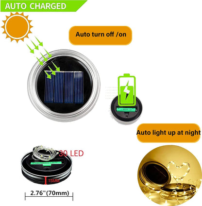 12 Pack Solar Mason Jar Lid Lights - 30 LED Firefly Fairy String Lights, Waterproof Outdoor Solar