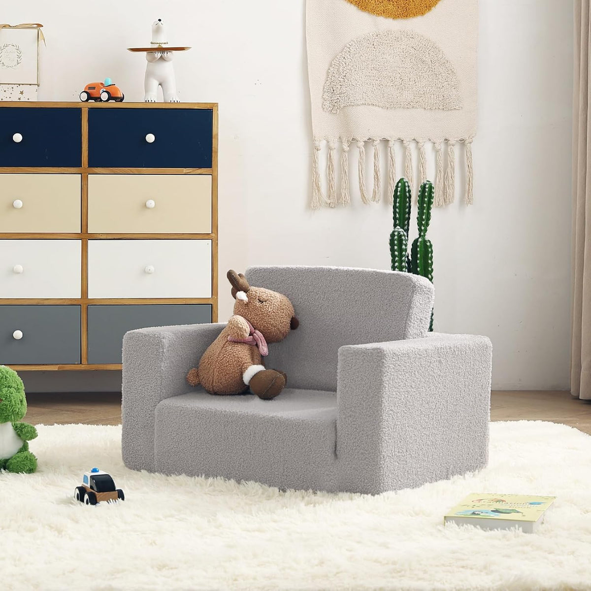 Toddler Chair Sherpa Kids Couch, 2-in-1 Toddler Soft Kids Sofa Toddler Lounger Chair for Bedroom