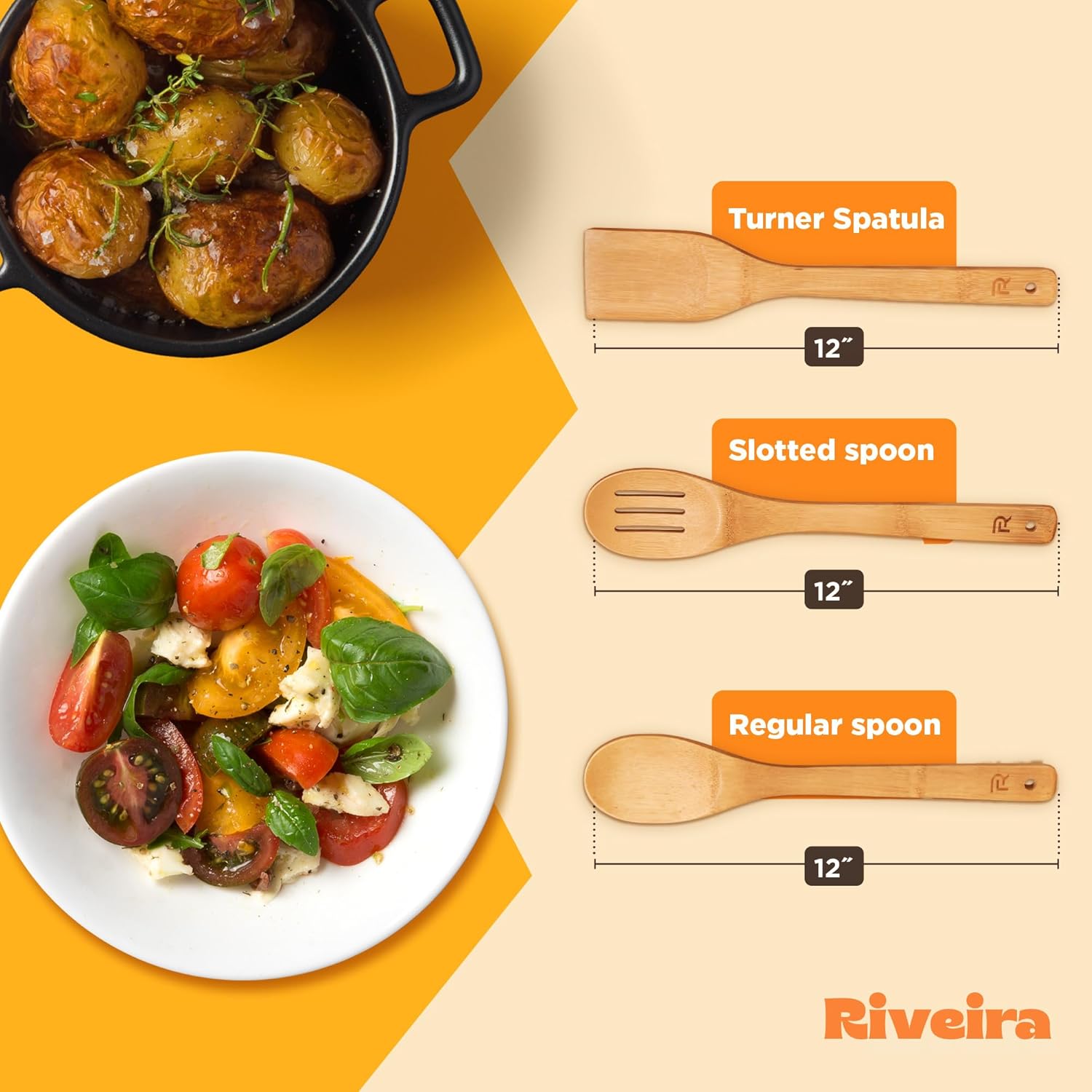 Riveira Bamboo Wooden Spoons for Cooking 3-Piece, Apartment Essentials Wood Spatula Spoon Nonstick