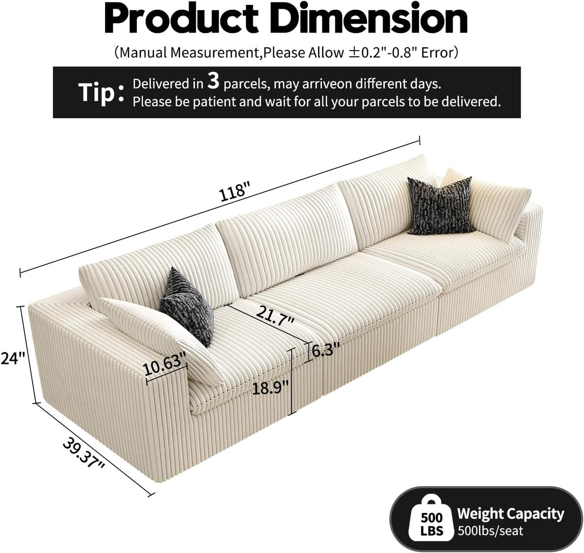 118" Cloud Couch Modular Sectional Sofa for Living Room,Modern Sofa with Deep Seat，3 Seater