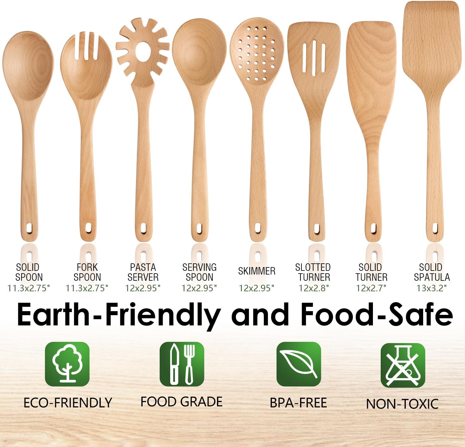 Wooden Spoons for Cooking, 8 Pcs Beech Wood Wooden Kitchen Cooking Spoon Utensil Tools Set Includes