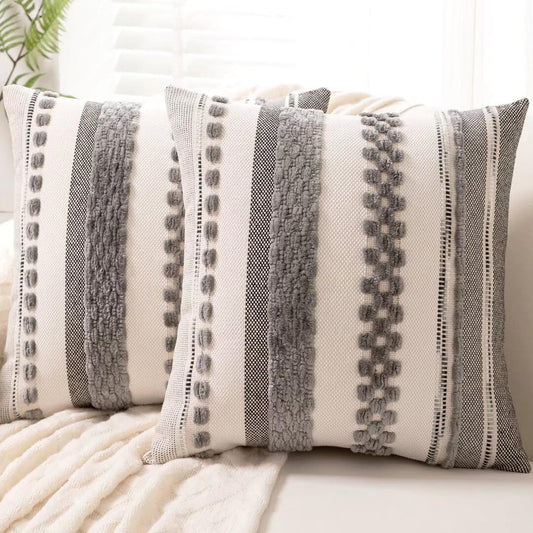 Boho Throw Pillow Covers 18x18 Set of 2 Farmhouse Decorative Cushion Case Striped Square Pillows