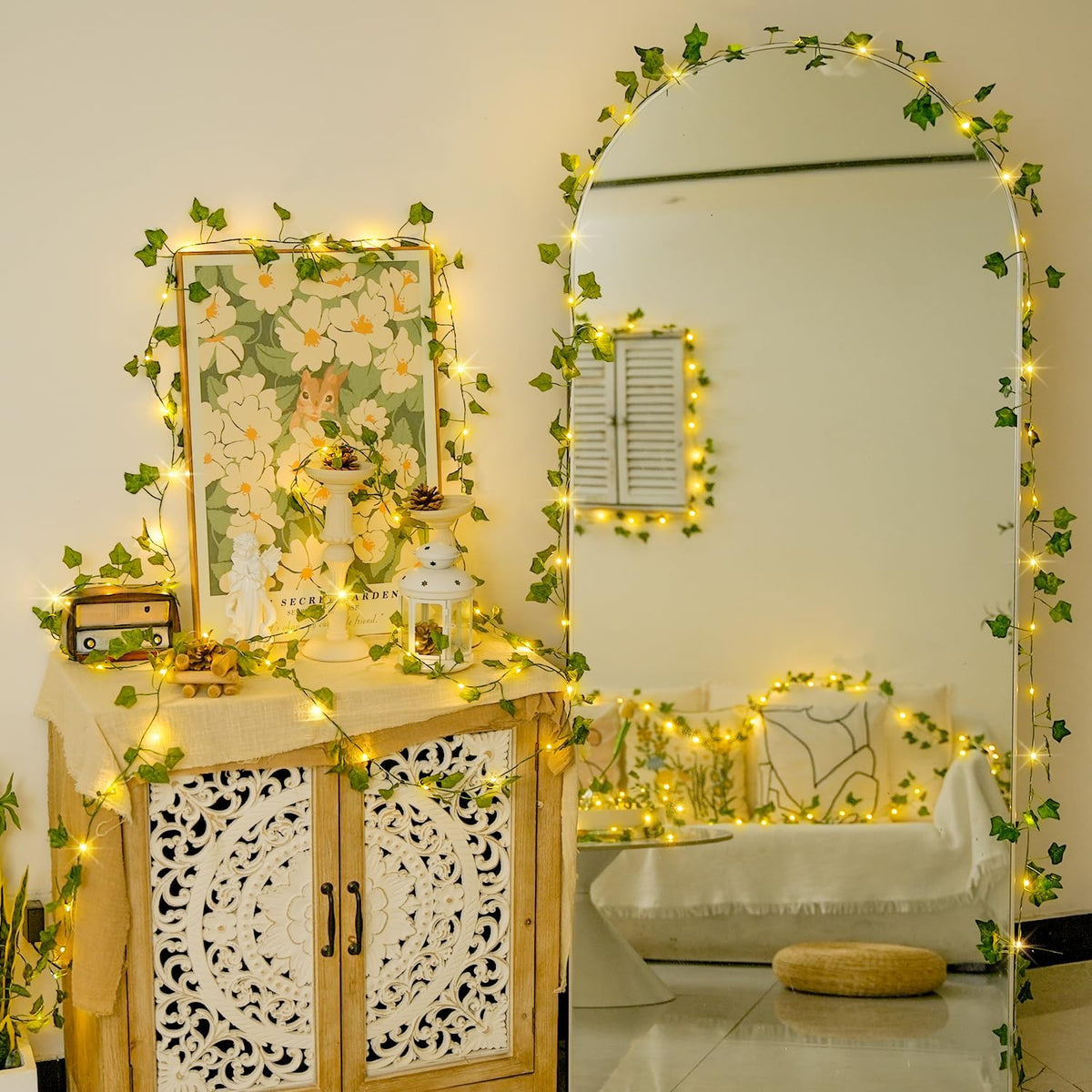 JMEXSUSS 33Ft Vines with Lights Battery Operated, 100 LED Ivy Vines with Fairy Lights Leaf with