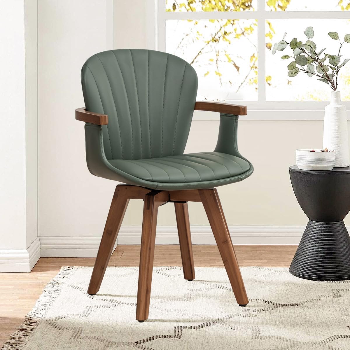 LUNLING Swivel Dining Chairs, Mid Century Modern Green Faux Leather Kitchen Chairs with Arms,Bamboo