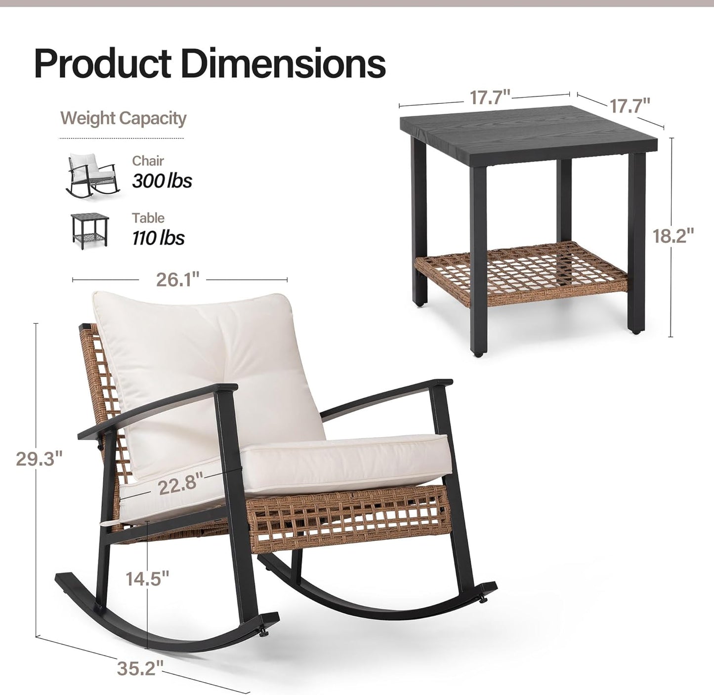 LAUSAINT HOME 3-Piece Rocking Bistro Set, Outdoor Patio Furniture with Thick Cushions and 2-Tier