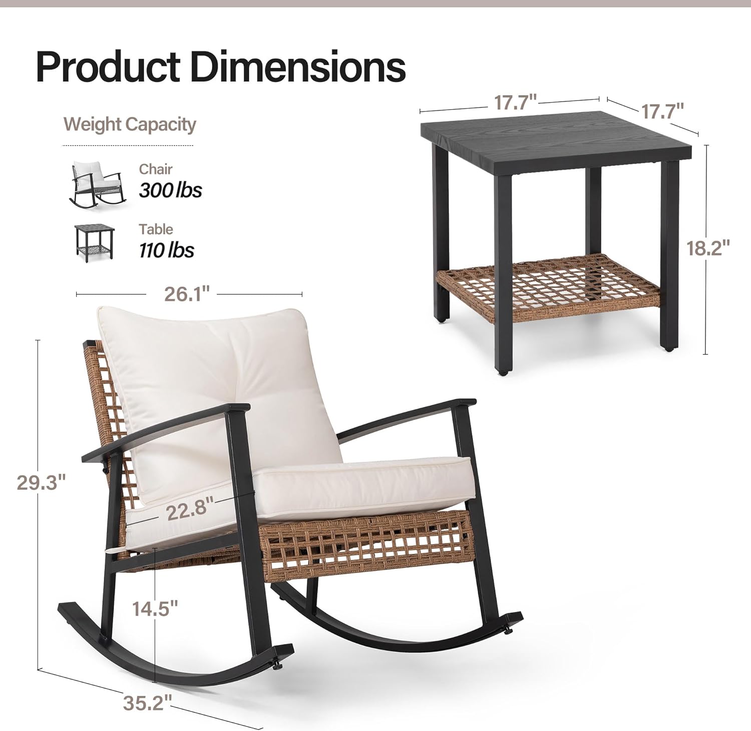 LAUSAINT HOME 3-Piece Rocking Bistro Set, Outdoor Patio Furniture with Thick Cushions and 2-Tier