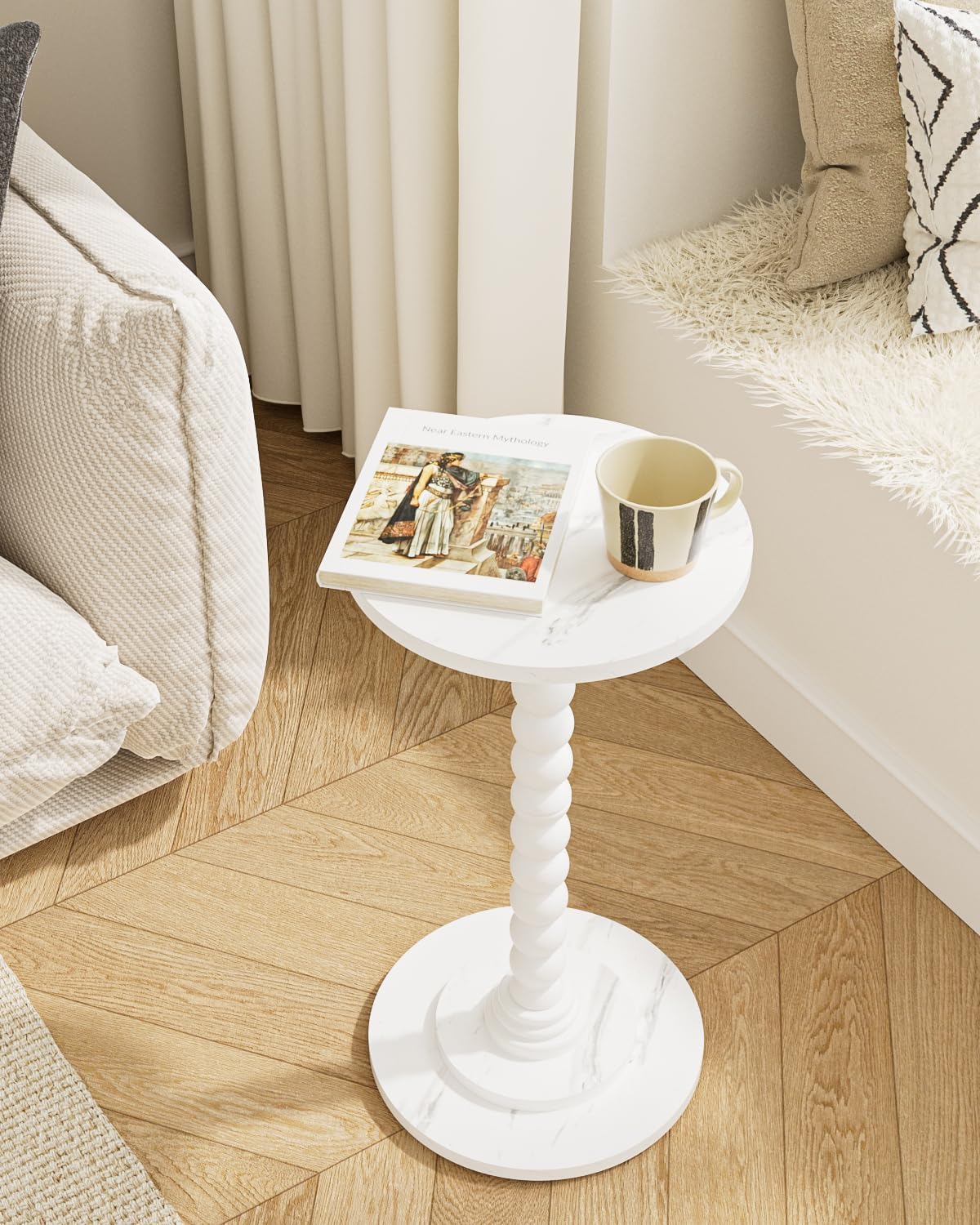 Masupu Round Side Table, Small Drink Table for Small Spaces, Pedestal End Table with Solid Wood Leg