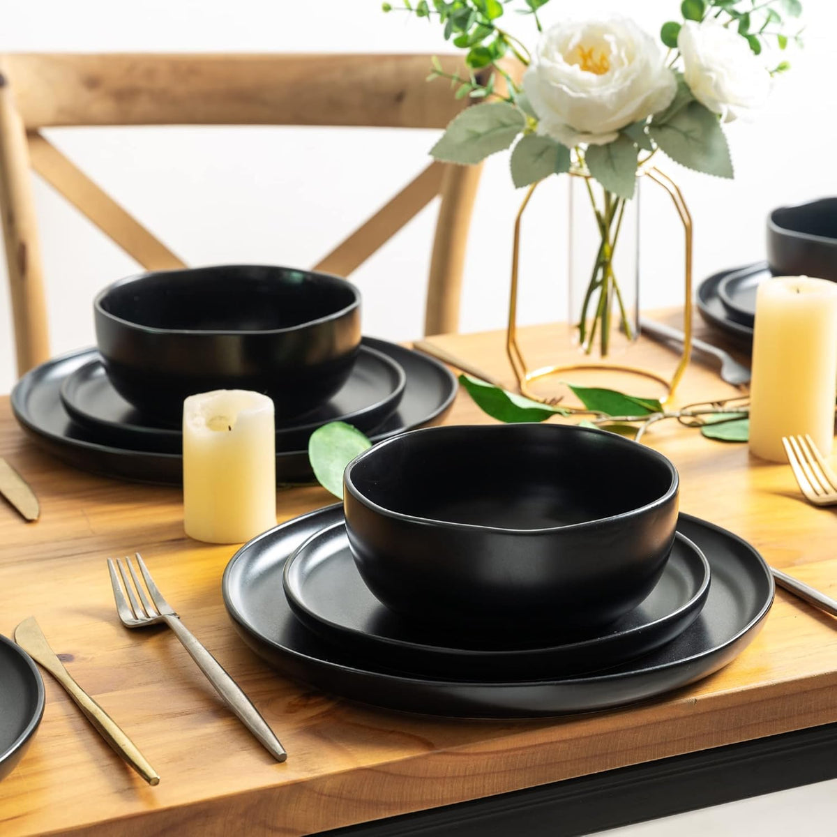 AmorArc Ceramic Dinnerware Sets, Wavy Rim Stoneware Plates and Bowls Sets, Highly Chip and Crack