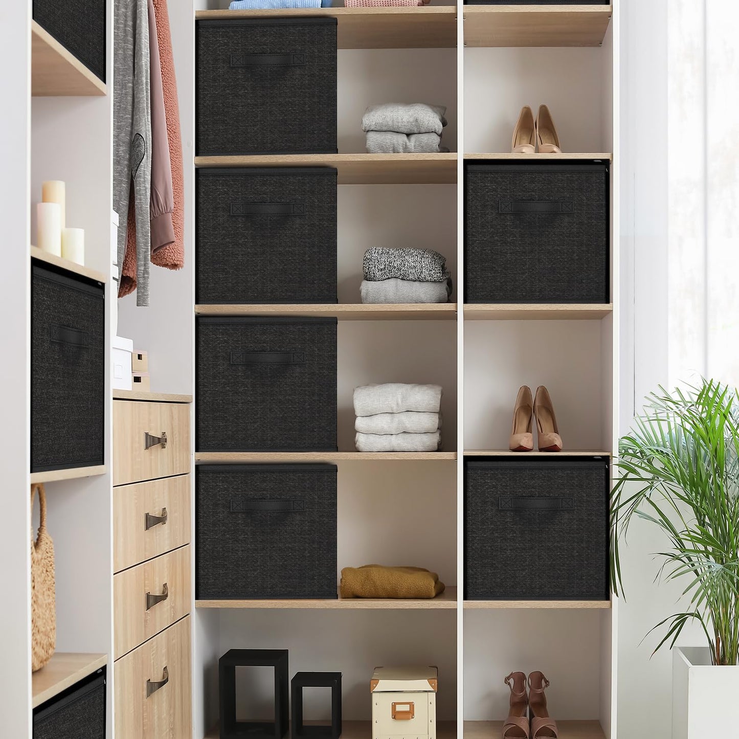 Nestl Foldable Fabric Storage Bins - 6 Cube Organizer with Handles, Black, 11-Inch for Bedroom